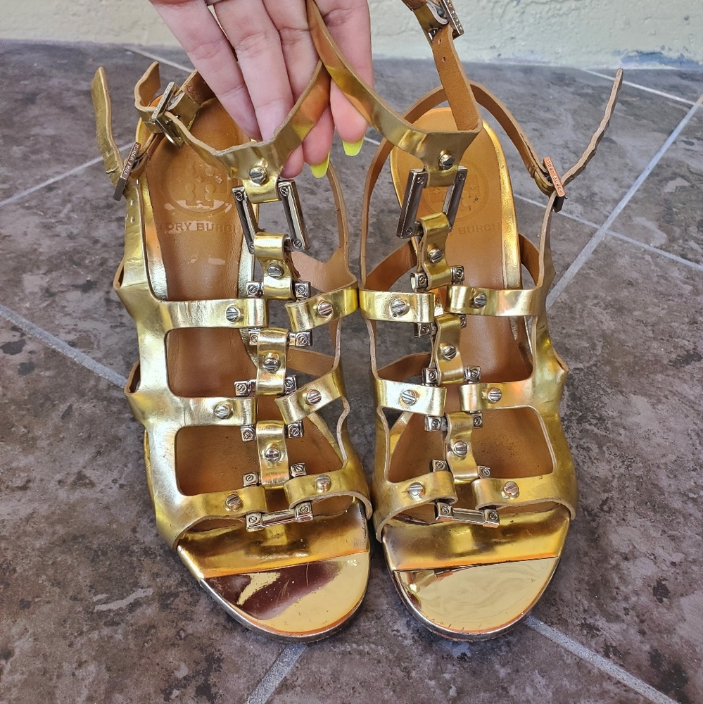 Tory Burch gold metallic leather heels strappy cage gladiator sandals size 6.5